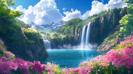 Fototapeta premium waterfall and lake landscape anime style