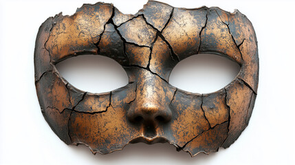 Close-up of a cracked, weathered mask with a bronze finish, symbolizing decay, mystery, and history. Isolated on a white background