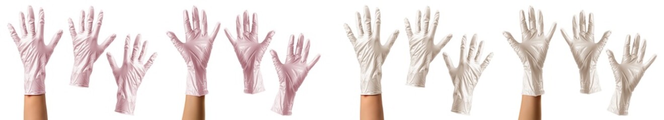 Obraz premium 2 Set of back and front of hand wearing pastel light pink beige cream protective disposable rubber latex gloves on transparent cutout PNG. Mockup template for artwork design