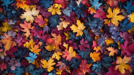 A vibrant collection of autumn leaves displaying rich colors like red, orange, yellow, and blue on a textured surface.