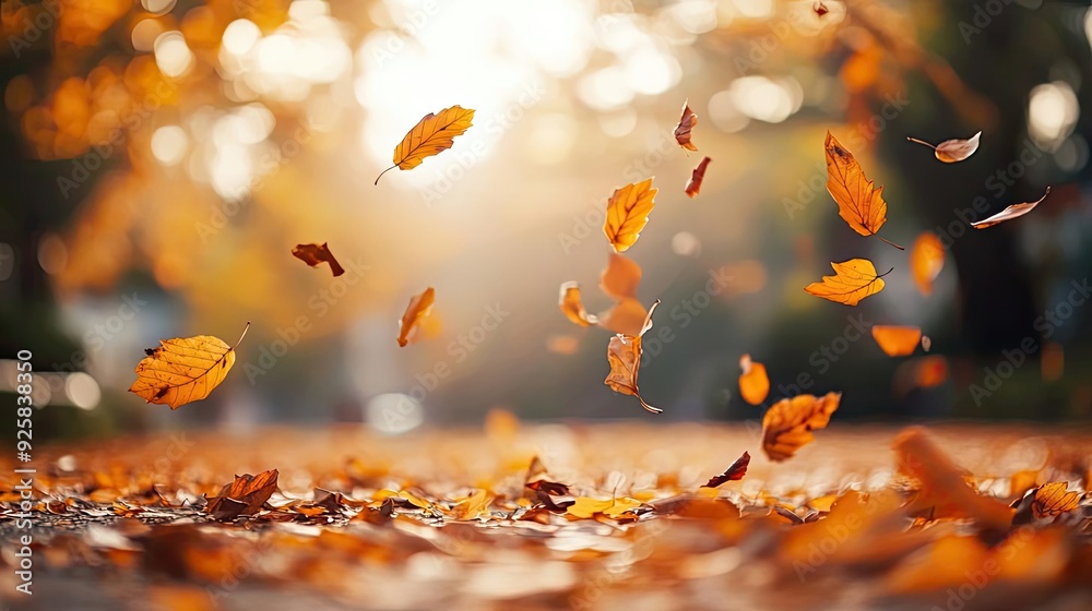 Poster scenic autumn leaves gently falling in soft sunlight, creating a warm and tranquil atmosphere of the