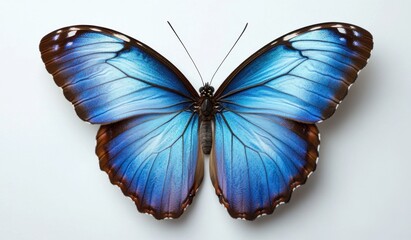 Obraz premium Beautiful blue Butterfly with open wings on a white minimalistic background, top view shot photography