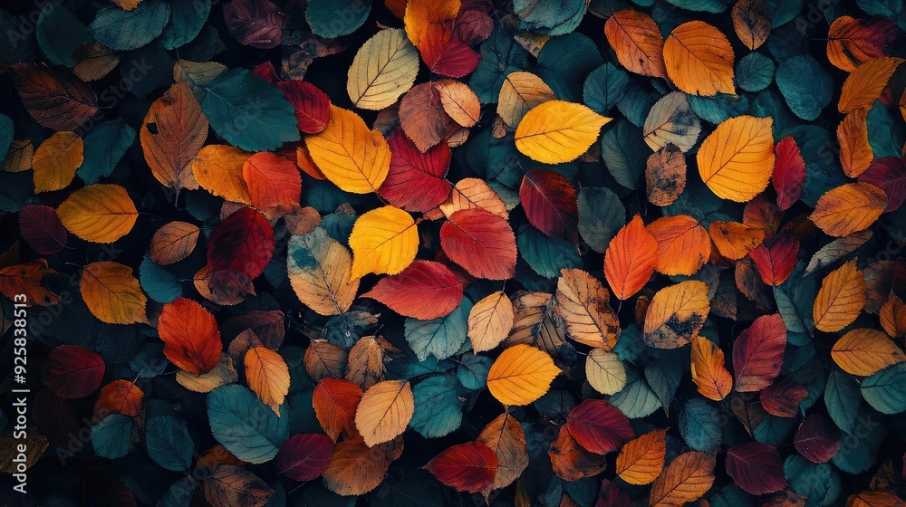 Poster a vibrant collection of autumn leaves in various colors, creating a beautiful natural tapestry on th