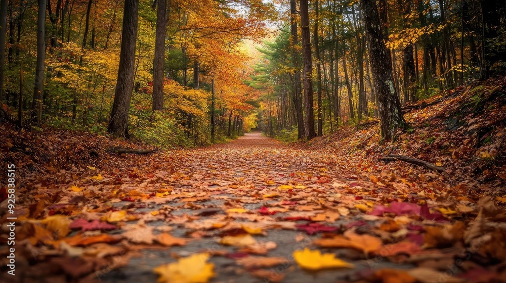 Poster a tranquil autumn scene featuring a winding path covered in colorful fallen leaves, surrounded by vi