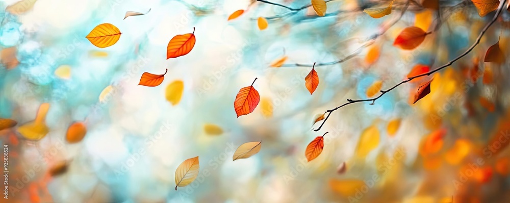 Poster a serene autumn scene featuring colorful leaves falling from branches against a soft, blurred backgr