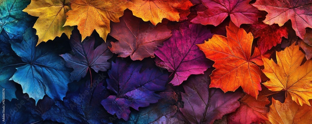 Poster vibrant and colorful maple leaves arranged in a beautiful pattern, showcasing an array of autumn hue