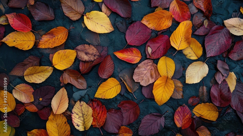 Poster a vibrant collection of autumn leaves in various colors scattered on a dark surface, capturing the e