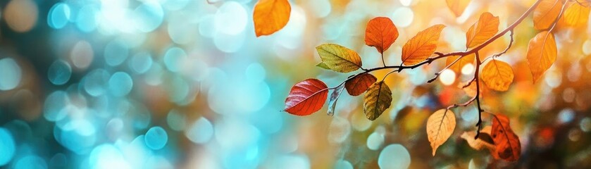 Fototapeta premium A vibrant autumn scene featuring colorful leaves against a softly blurred background, evoking the warmth of the fall season.