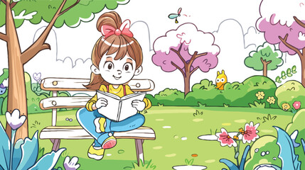 coloring page simple drawing of cartoon character reading a book in library , coloring book