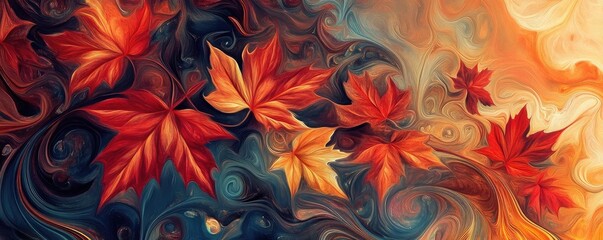 Vibrant autumn leaves swirl in rich colors, creating a mesmerizing blend of nature's beauty and artistic expression.
