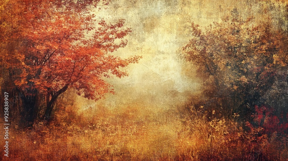 Poster beautiful autumn scene with vibrant foliage and soft light creating a serene atmosphere in nature.