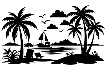 A summer vibes sea shore silhouette vector illustration.