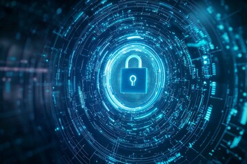 A padlock icon surrounded by circular frame on a blue digital background , concept of cyber security 