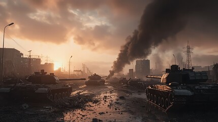 Fototapeta premium A dystopian cityscape with smoke and tanks in a post-apocalyptic setting.