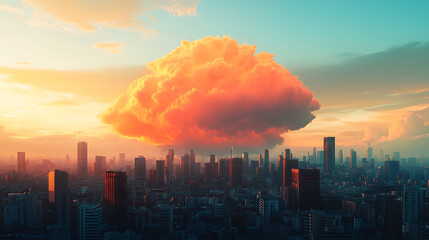 Obraz premium A wide-angle shot of a city skyline with a large, AI-generated orange cloud in the background, giving a dramatic and otherworldly feel to the urban landscape