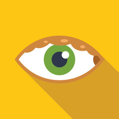 Green eye showing conjunctivitis with long shadow on yellow background