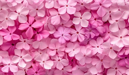 Fototapeta premium Pile of beautiful pink flowers in a random order, professional flower photography, resembling Phlox, top view shot