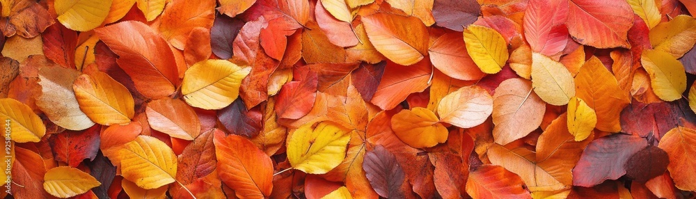 Poster a vibrant array of autumn leaves displaying stunning shades of orange, yellow, and red, creating a p