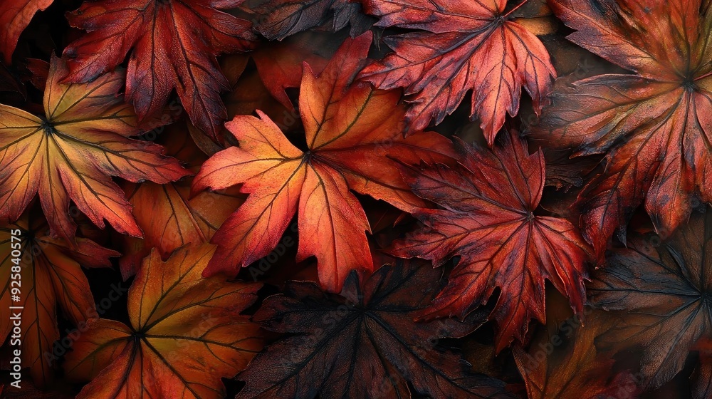 Poster a close-up view of vibrant autumn leaves in shades of orange and red, creating a warm and inviting n