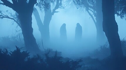 Fototapeta premium Eerie fog envelops mysterious figures in a dark forest, creating an atmosphere of intrigue and suspense.