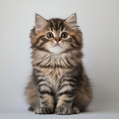Obraz premium A fluffy Persian kitten sits on a pristine white background, looking directly at the camera with large, expressive eyes, its cute and curious expression captured perfectly, with the simple background 