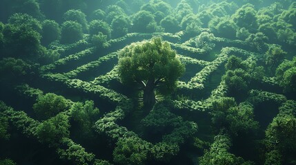 maze in a forest with a tree in the middle Generative AI.beauty of wild nature no one around.