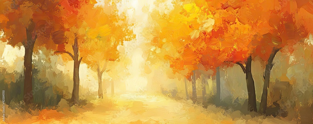 Poster a serene autumn landscape with golden trees lining a misty path. nature's vibrant colors create a pe