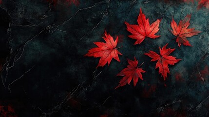 Vibrant red leaves on a dark background, creating a striking contrast that symbolizes the beauty of autumn nature.