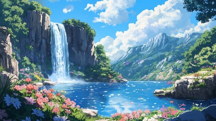 waterfall and lake landscape anime style