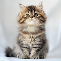A fluffy Persian kitten sits on a pristine white background, looking directly at the camera with large, expressive eyes, its cute and curious expression captured perfectly, with the simple background 