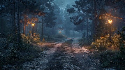 A spooky path through a dark forest, lit by glowing lanterns.