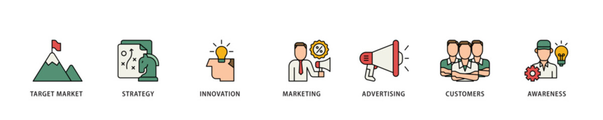 Brand icon infographic illustration concept with icon of target market, strategy, innovation, marketing, advertising, customers, and awareness icon live stroke and easy to edit 