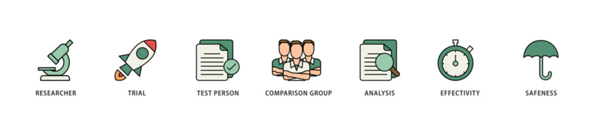 Clinical study icon infographic illustration concept with icon of researcher, trial, test person, comparison group, analysis, effectivity, and safeness icon live stroke and easy to edit 