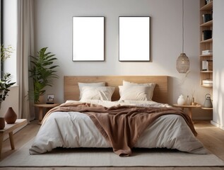 Minimalist Bedroom Interior with Wooden Bed and Two Blank Frames