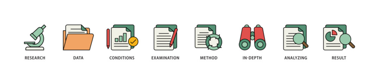 Case study icon infographic illustration concept with icon of research, data, conditions, examination, method, in depth, analyzing, and result icon live stroke and easy to edit 
