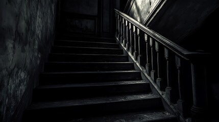 Fototapeta premium a dark creaky staircase in a spooky abandoned house with shadows and dim lighting suggesting a haunted atmosphere