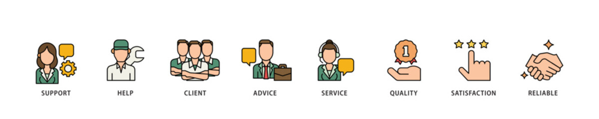 Customer care icon infographic illustration concept with icon of help, client, advice, chat, service, reliability, quality, and satisfaction icon live stroke and easy to edit 