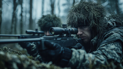 Fototapeta premium Two soldiers in camouflage focused expression military operation forest environment tactical gear