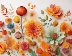 水彩で描かれた秋の花たち