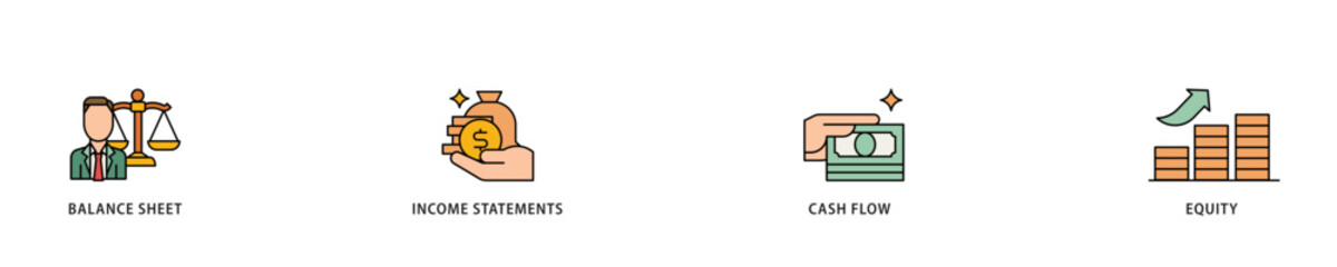 Financial statements icon infographic illustration concept with icon of graph, balance sheet, pie chart, income statements, money, calculator, income, earningicon live stroke and easy to edit 