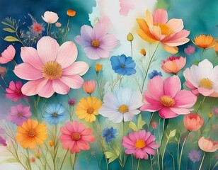 水彩で描かれたたくさんのコスモスの花