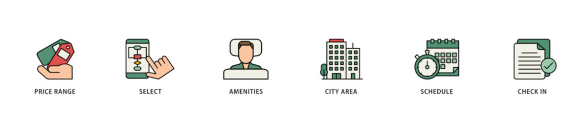 Hotel booking icon infographic illustration concept with icon of city area, check in, schedule, amenities, select, price range icon live stroke and easy to edit 