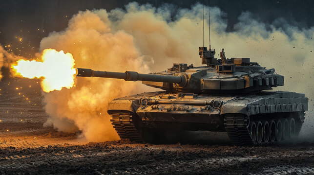 powerful tank firing indramatic display of military strength, surrounded by smoke and debris.scene conveys intensity and action.