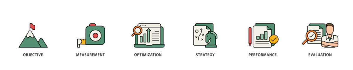 KPI icon infographic illustration concept with icon of objective, measurement, optimization, strategy, performance, and evaluation icon live stroke and easy to edit 