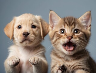Close-up Portrait of a Golden Retriever Puppy and a Tabby Kitten