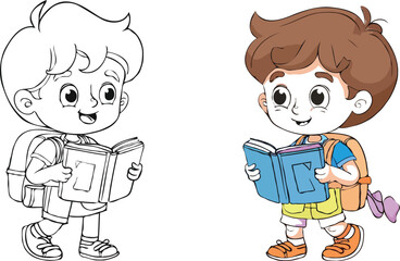 coloring page simple drawing of cartoon character reading a book in library , coloring book