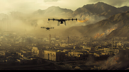 Obraz premium Dramatic scene of drones flying overwar torn city, evoking tension and urgency.