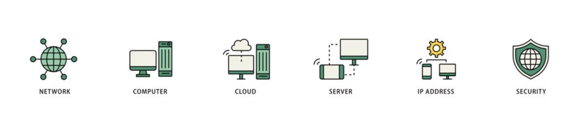 Obraz premium Network technology icon infographic illustration concept with icon of network, computer, cloud, server, ip address and security icon live stroke and easy to edit 