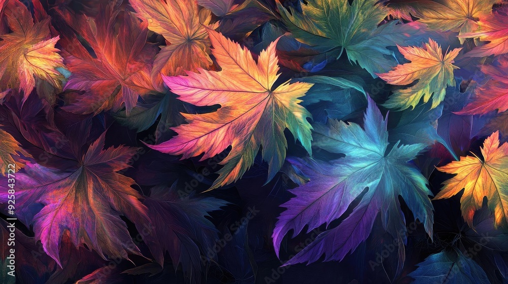Poster a vibrant composition of colorful leaves creating a striking visual display, perfect for seasonal th