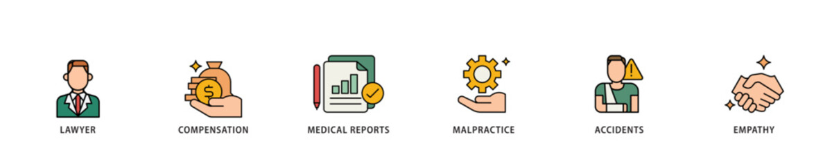 Personal injury law icon infographic illustration concept with icon of malpractice, empathy, accidents, medical reports, compensation, lawyer icon live stroke and easy to edit 